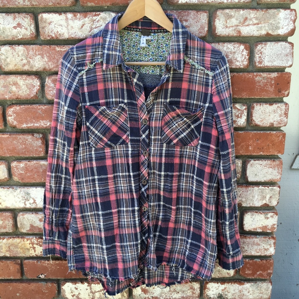 Free People Frayed Plaid Top